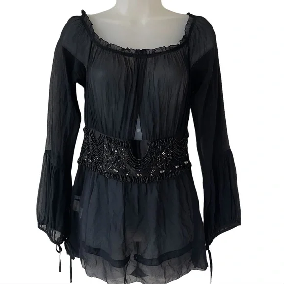 PINKO sheer blouse long sleeve princess waist rhinestone Whimsy goth - Picture 14 of 14